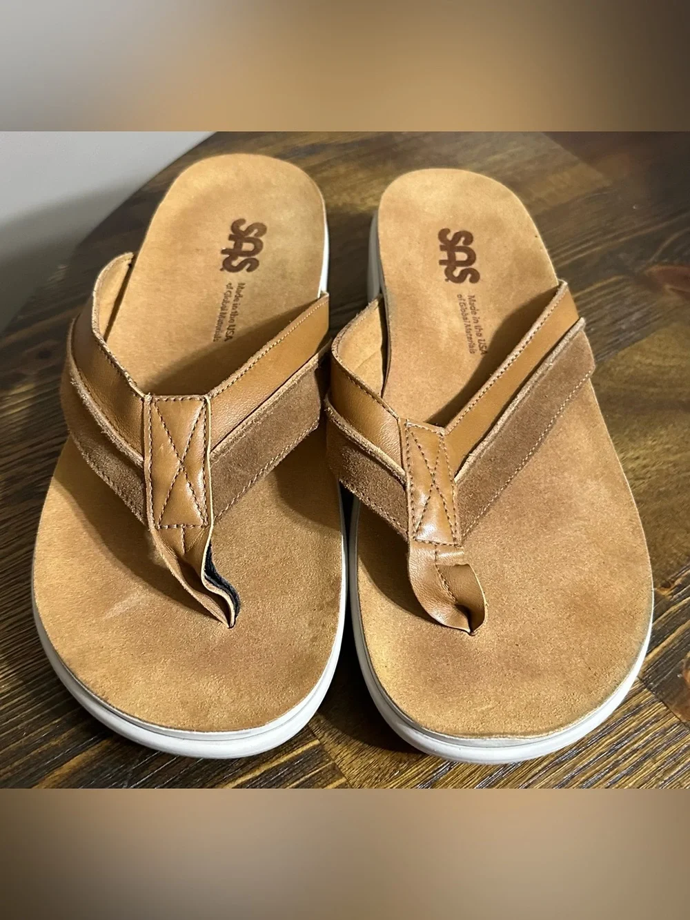 SAS Cognac Brown Leather Thong Sandals